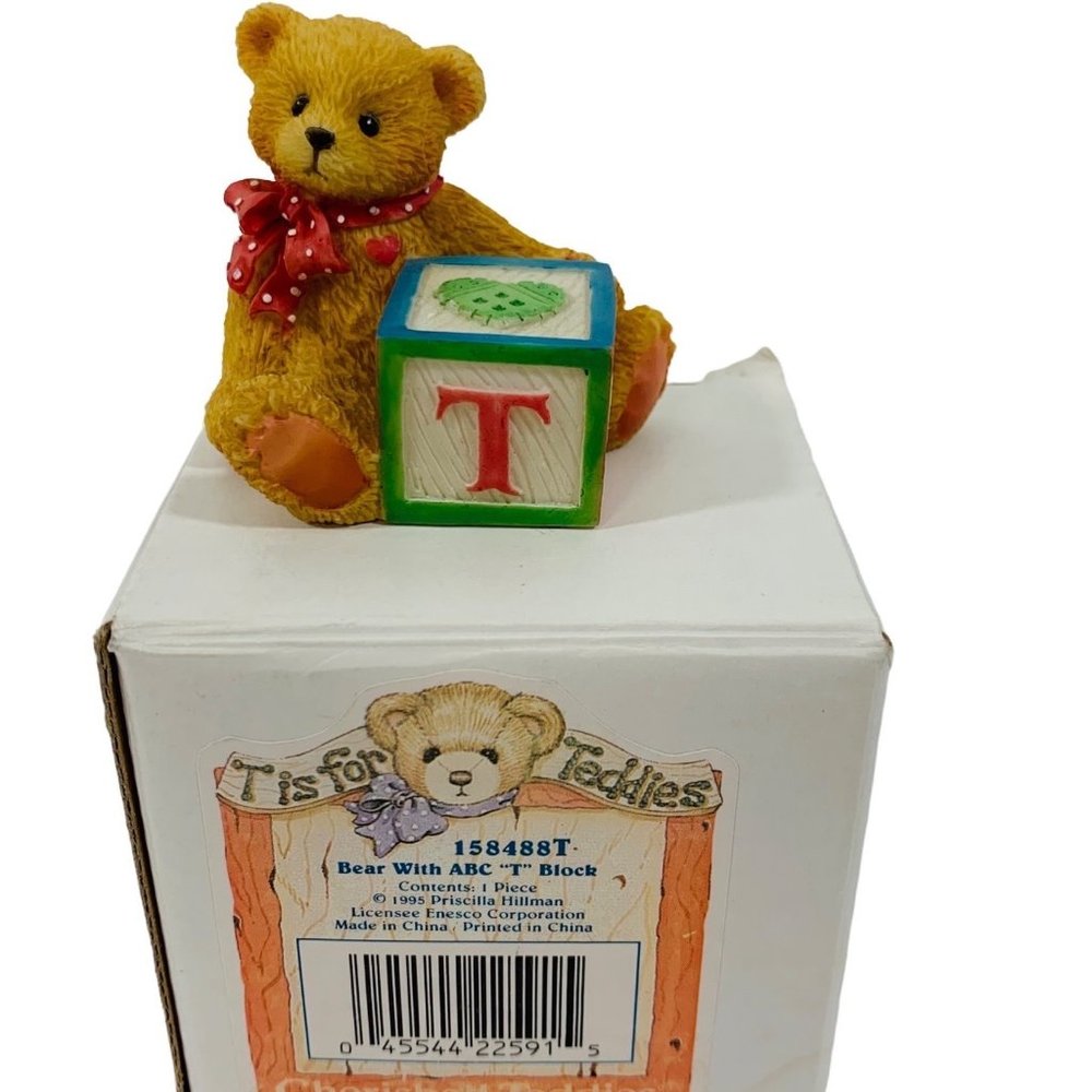 Vintage Cherished Teddies Baby Bear Mini Figurine ABC Block Letter T  Nursery Gi
